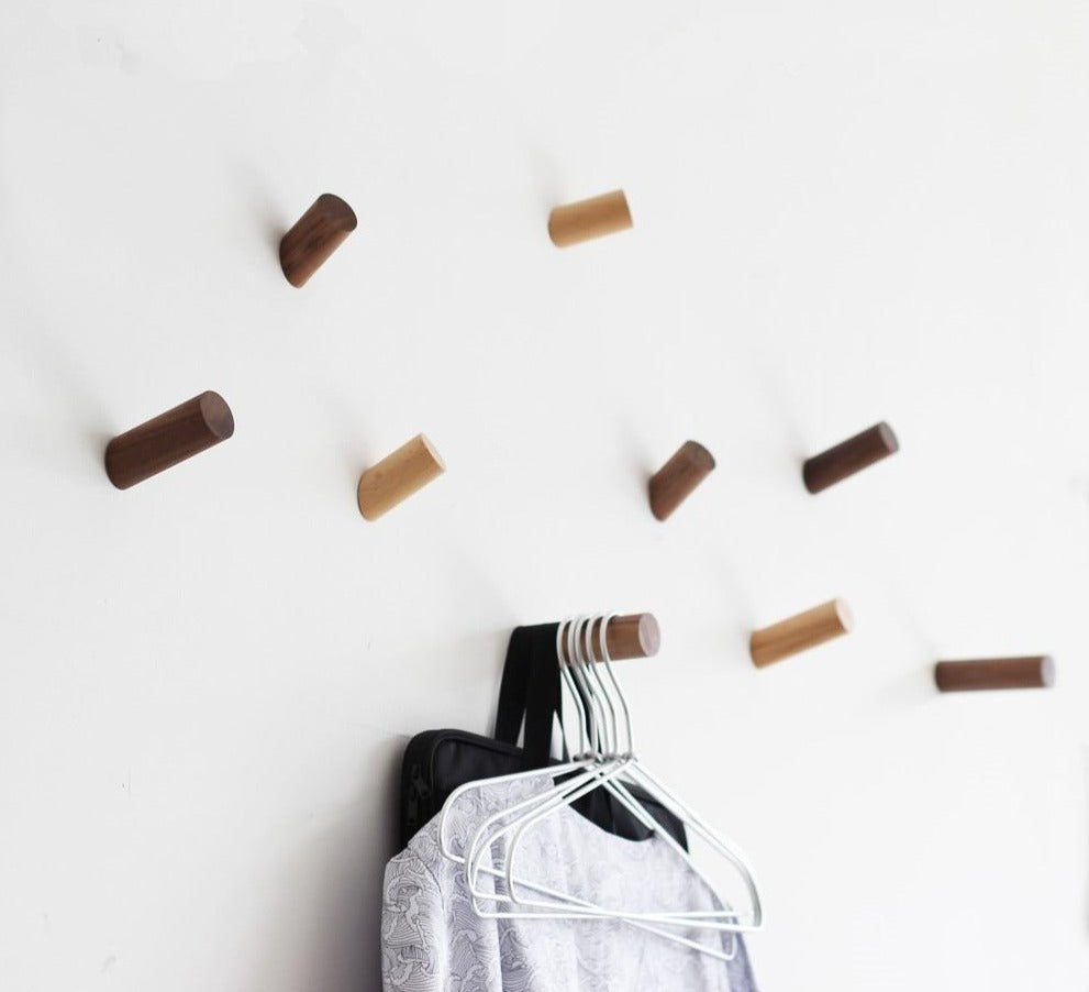 Natural Wood Wall Peg Hooks - Minimal Coat & Hat Hangers